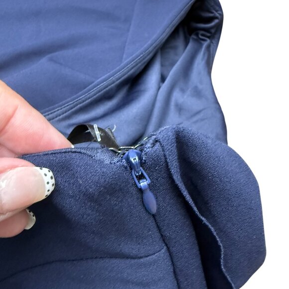 NWT Women's XSCAPE One-Shoulder Draped Midi Dress Navy | Size 8 - Picture 4 of 11